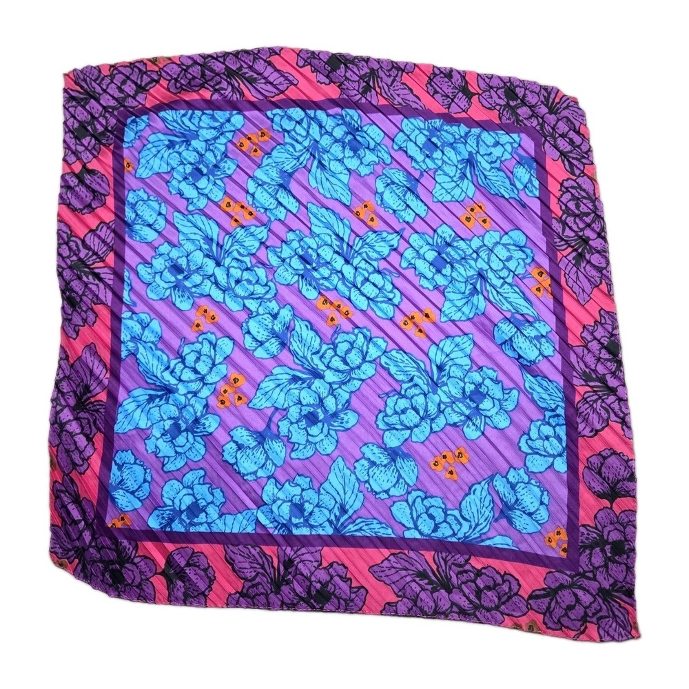 Vtg Floral Pleated Square Scarf Bandana Purple Blue Pink Retro Neck Hair Scarf
